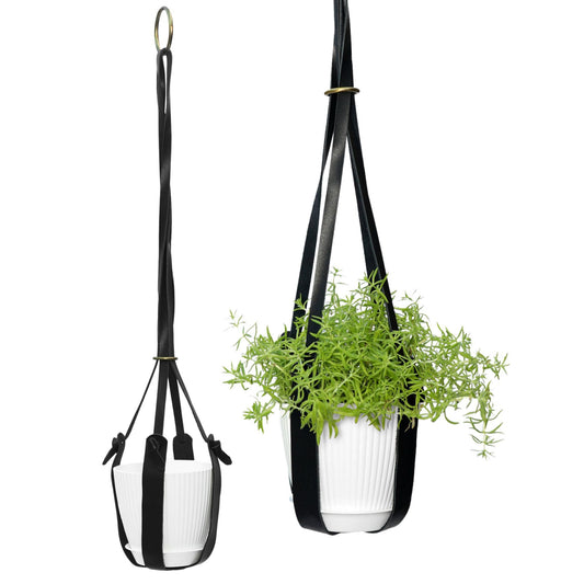 AllynnHome 27” Genuine Leather Plant Hanger with 5” Pot – Minimalist Indoor & Patio Design for Ceiling or Wall Hook Mount – Rustic Modern Hanging Planter Gift Set