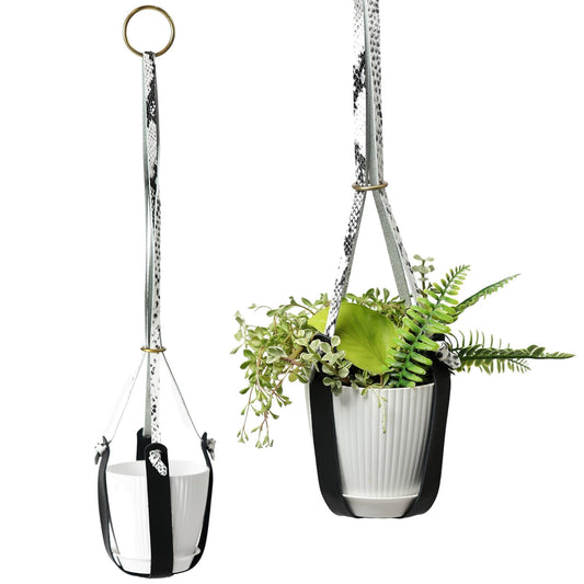 AllynnHome 27” Genuine Leather Plant Hanger with 5” Pot – Minimalist Indoor & Patio Design for Ceiling or Wall Hook Mount – Rustic Modern Hanging Planter Gift Set